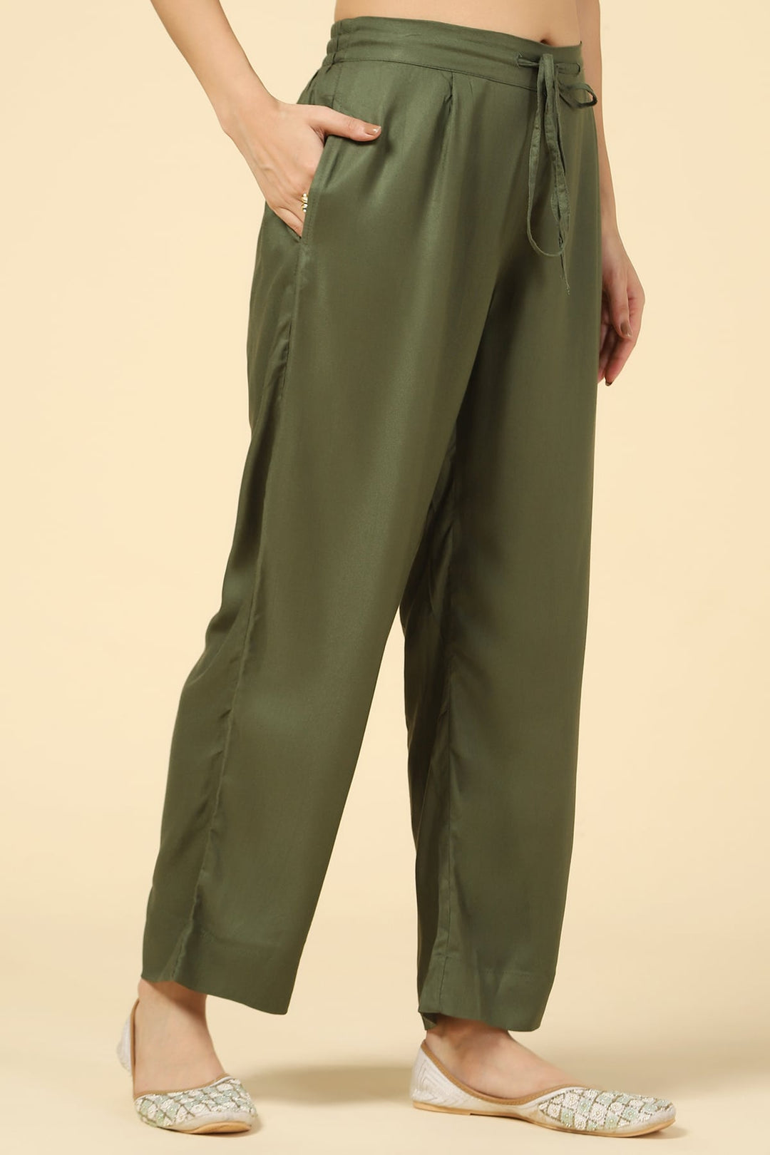 Olive Green Solid Twill Palazzo