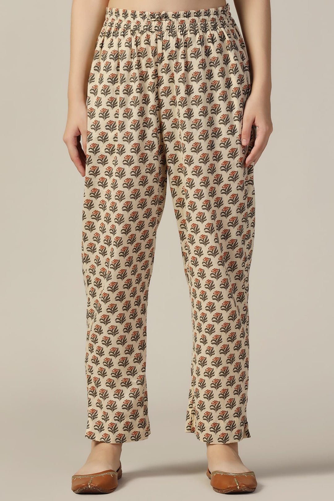 Beige Printed Cotton Palazzo