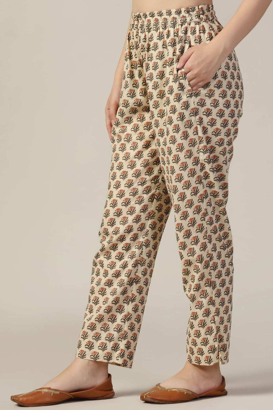 Beige Printed Cotton Palazzo