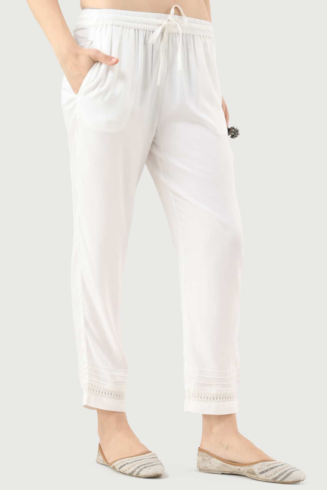 White Viscose Twill Palazzo with Regular Fit
