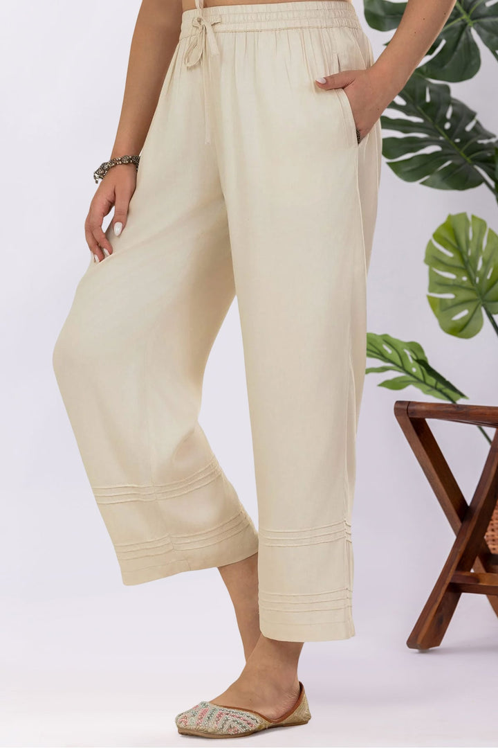 Solid Cream Tencel Twill Palazzo Regular Fit