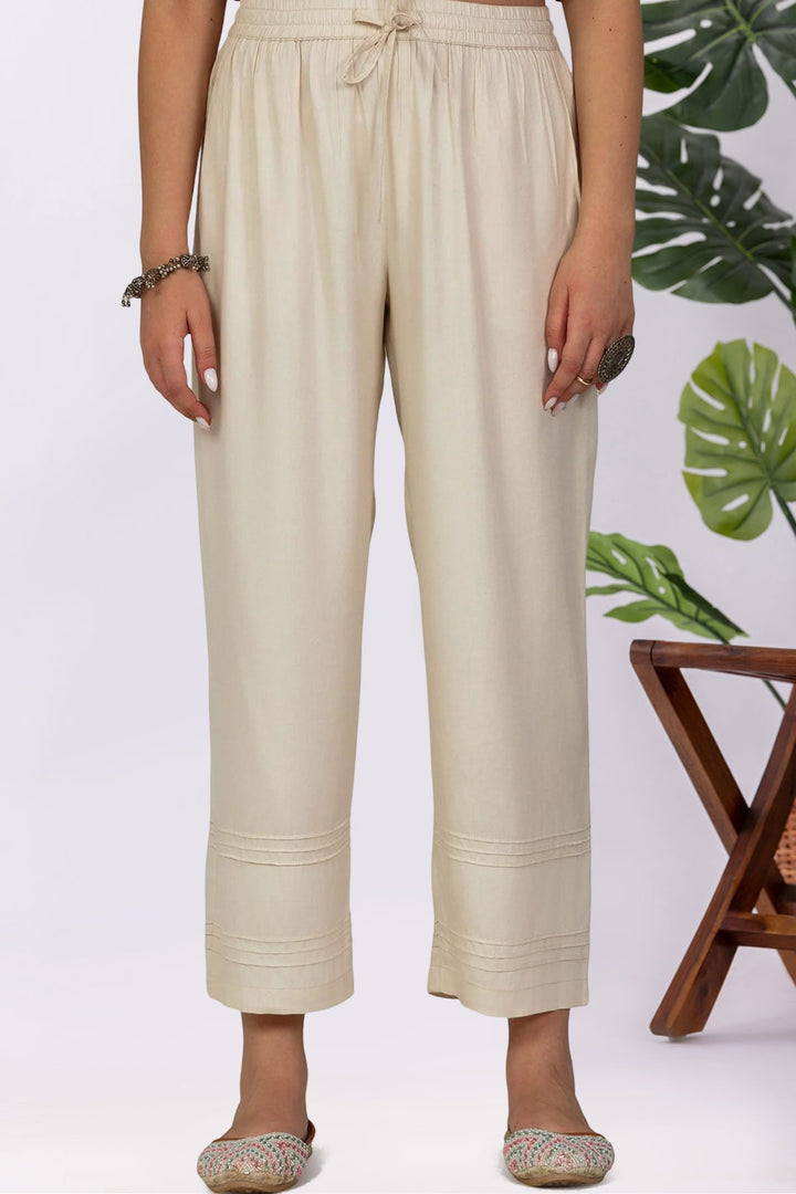 Solid Cream Tencel Twill Palazzo Regular Fit
