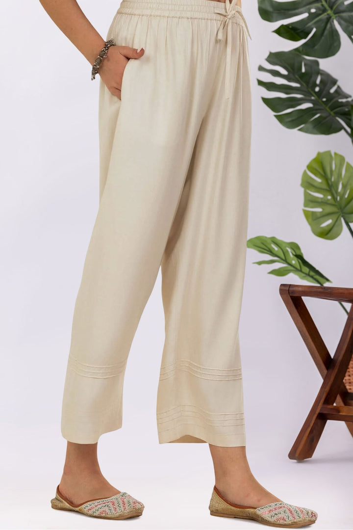 Solid Cream Tencel Twill Palazzo Regular Fit