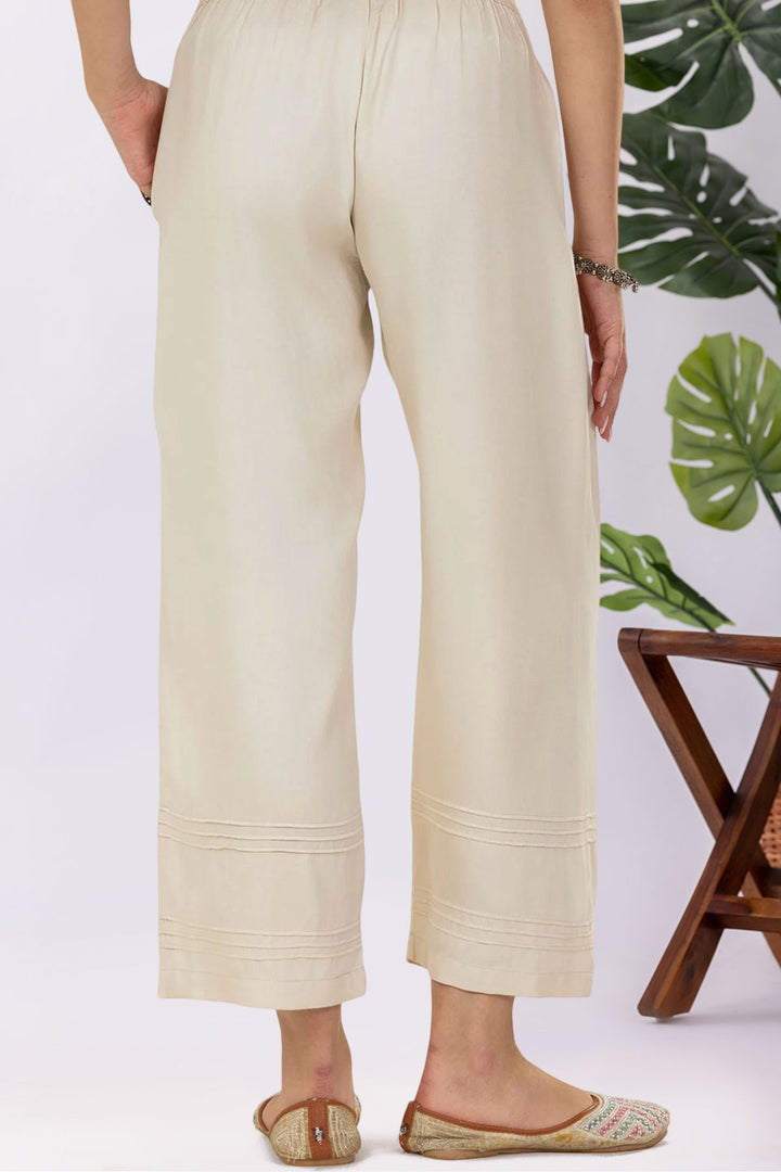 Solid Cream Tencel Twill Palazzo Regular Fit