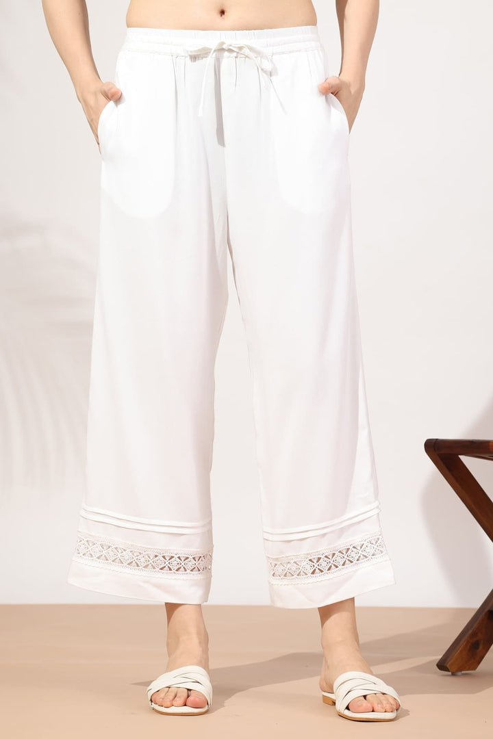 White Viscose Twill Solid Palazzo with Regular Fit