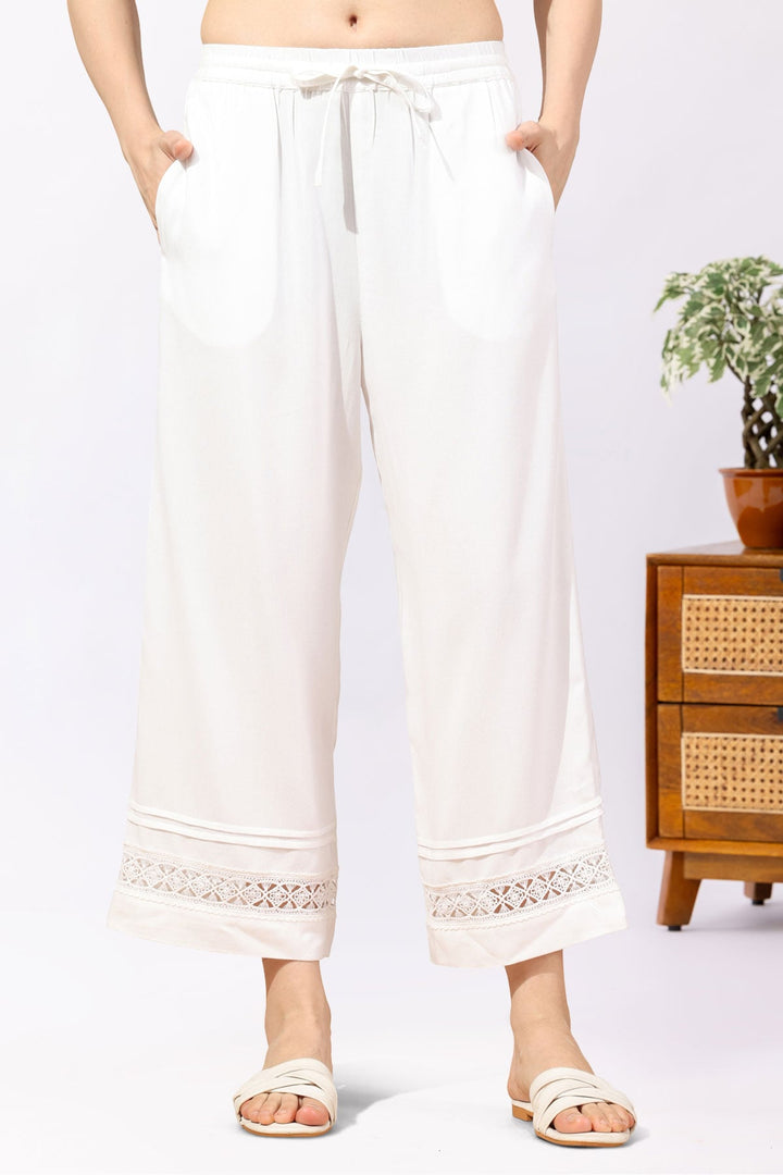 Solid White Tencel Twill Palazzo Regular Fit
