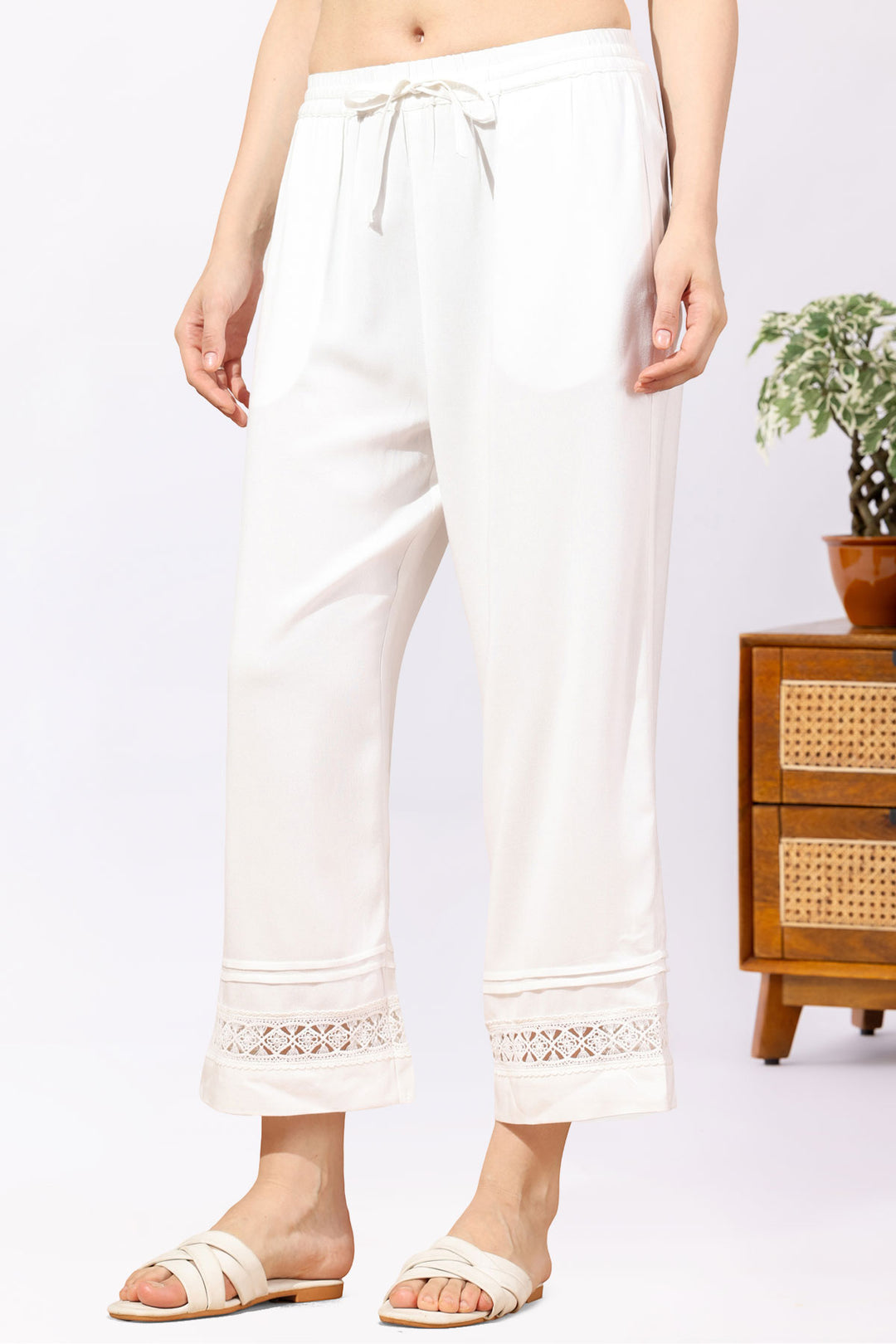 Solid White Tencel Twill Palazzo Regular Fit