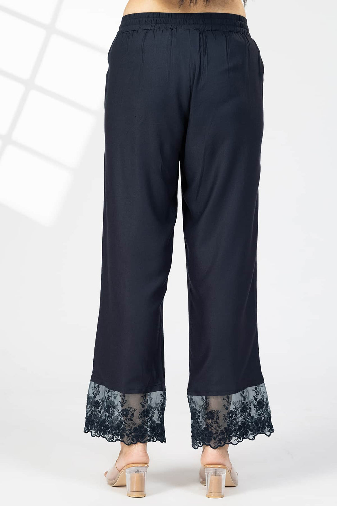 Embroidered Navy Blue Tencel Twill Palazzo