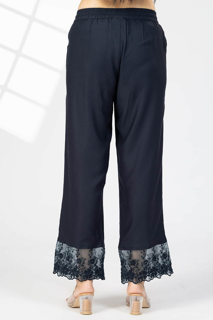 Embroidered Navy Blue Tencel Twill Palazzo