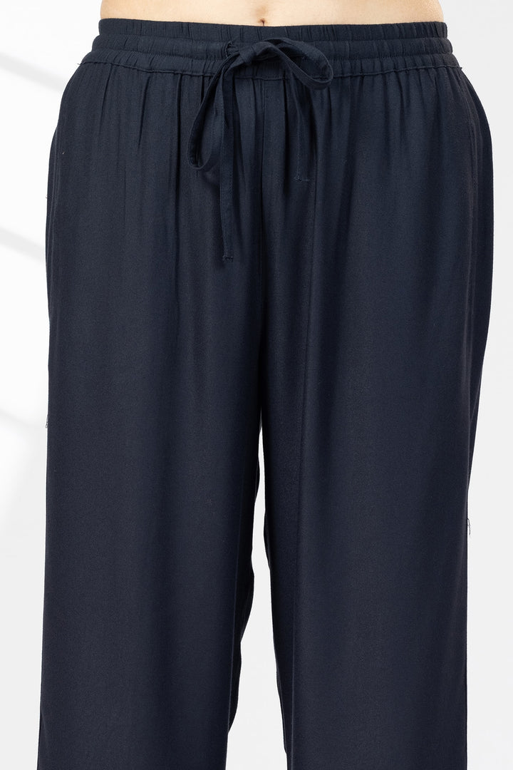 Embroidered Navy Blue Tencel Twill Palazzo