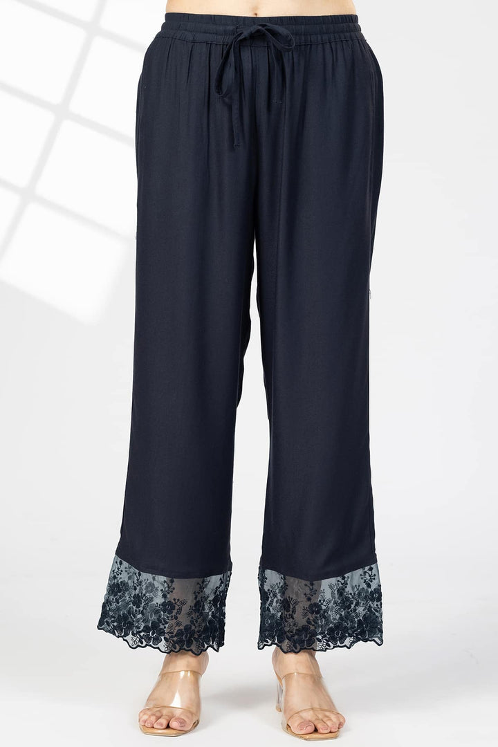 Embroidered Navy Blue Tencel Twill Palazzo