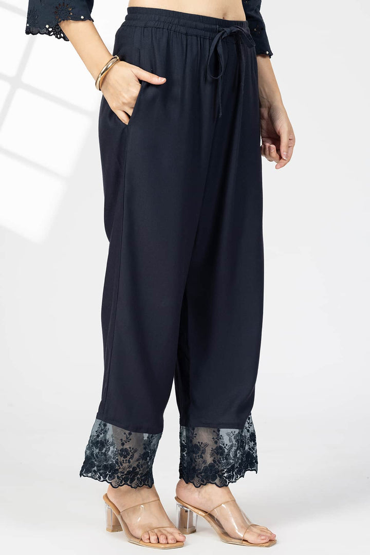 Embroidered Navy Blue Tencel Twill Palazzo