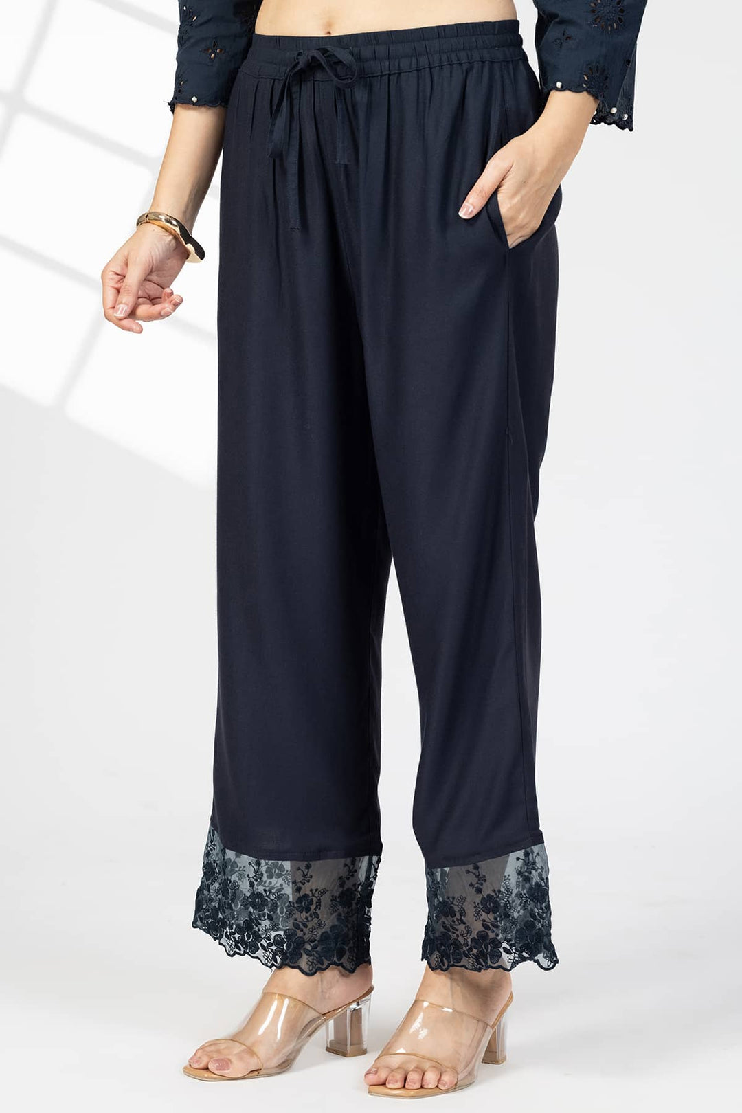 Embroidered Navy Blue Tencel Twill Palazzo