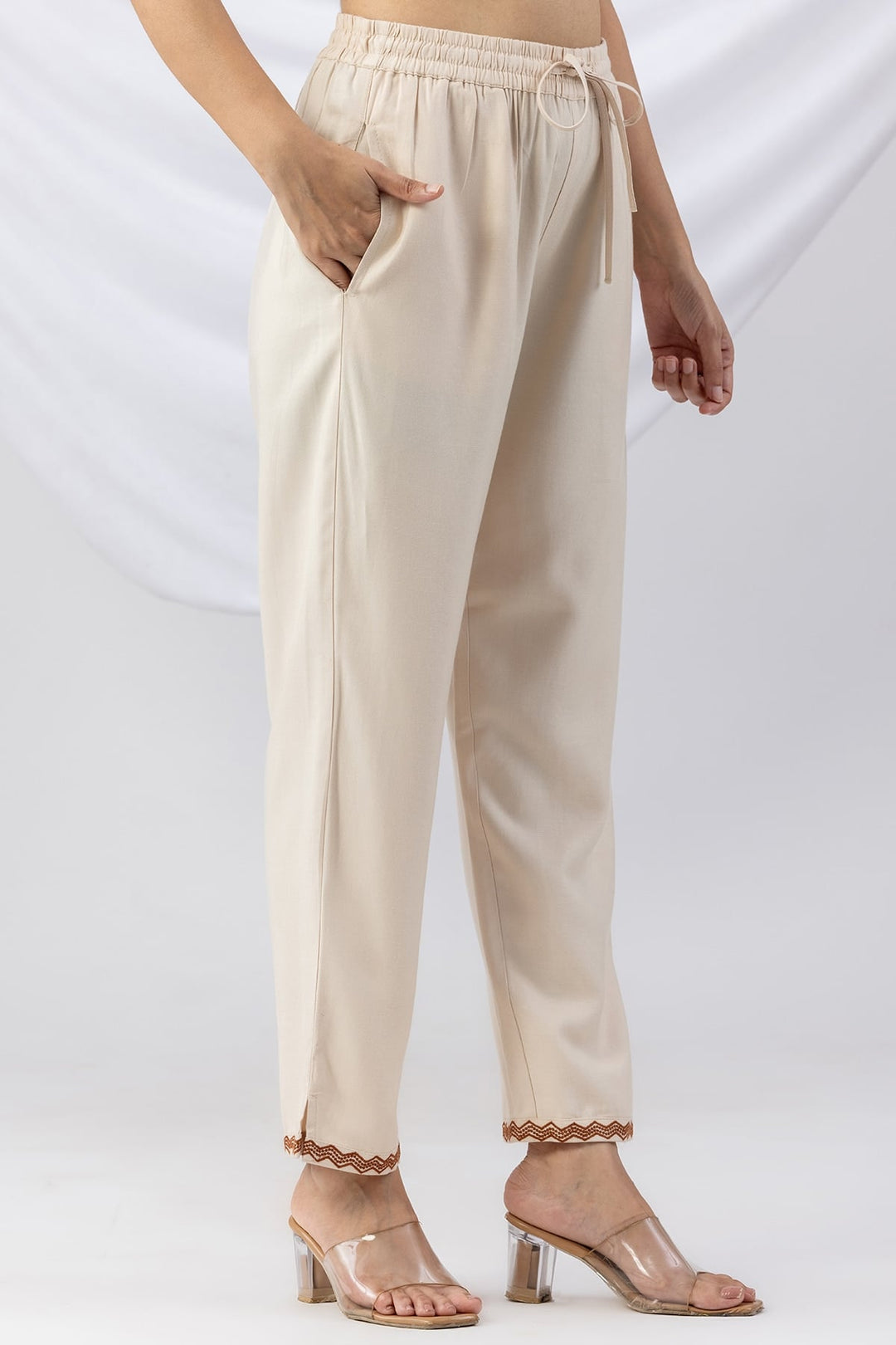 Embroidered Off White Tencel Twill Winter Palazzo