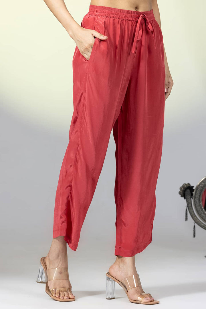 Solid Red Natural Crepe Ensemble Palazzo