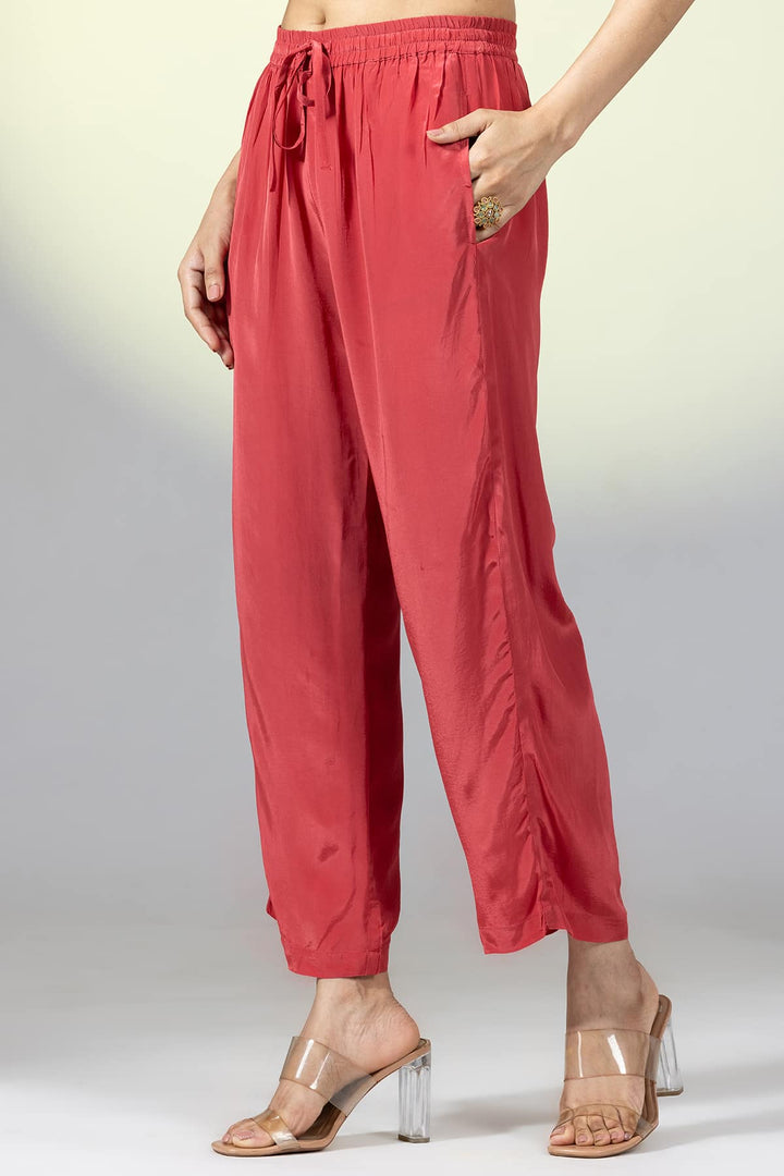 Solid Red Natural Crepe Ensemble Palazzo