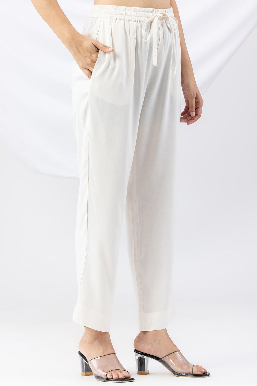 Off White Solid Tencel Twill Palazzo
