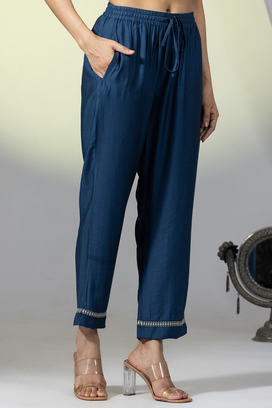 Embellished Teal Viscose Ensemble Palazzo