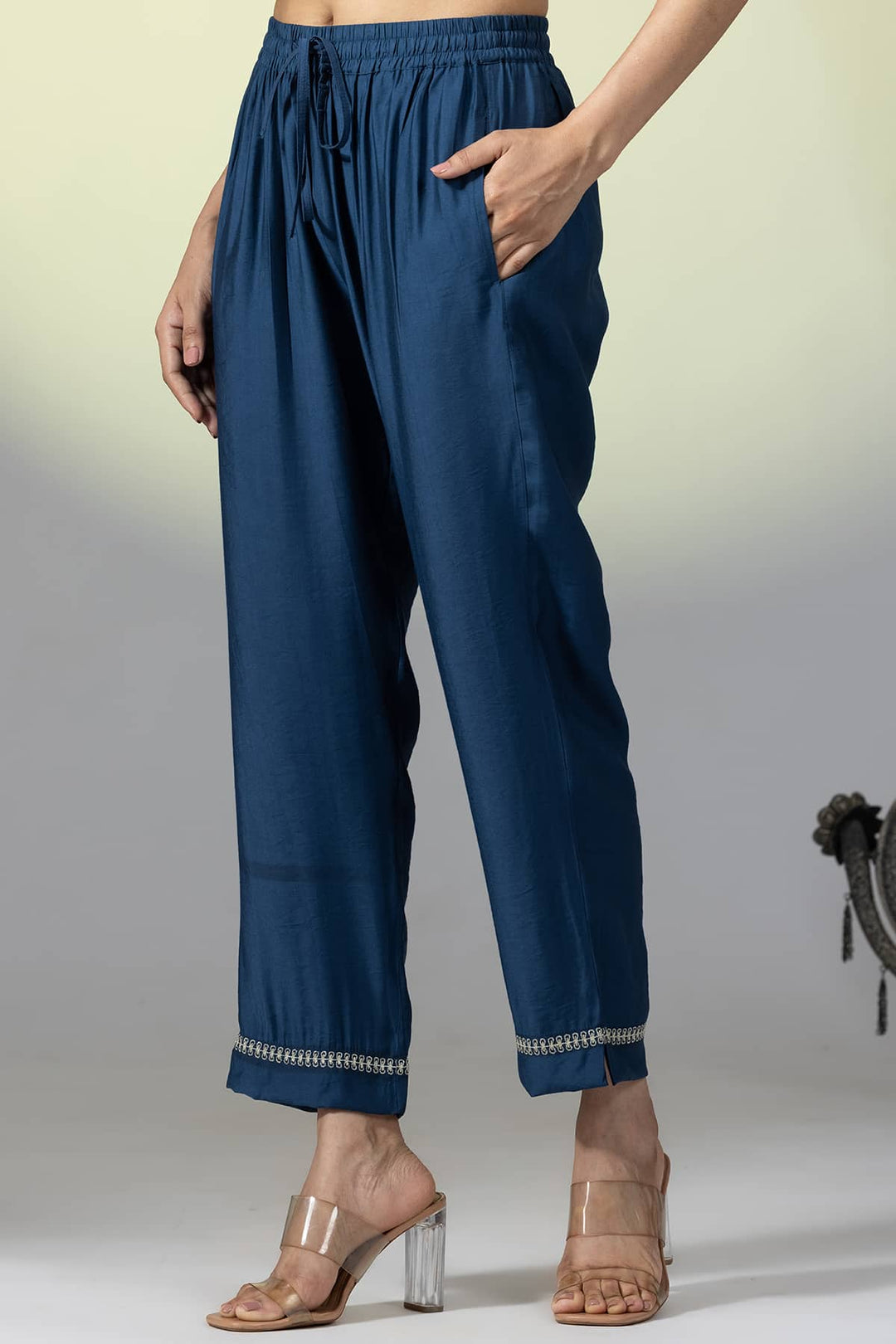 Embellished Teal Viscose Ensemble Palazzo