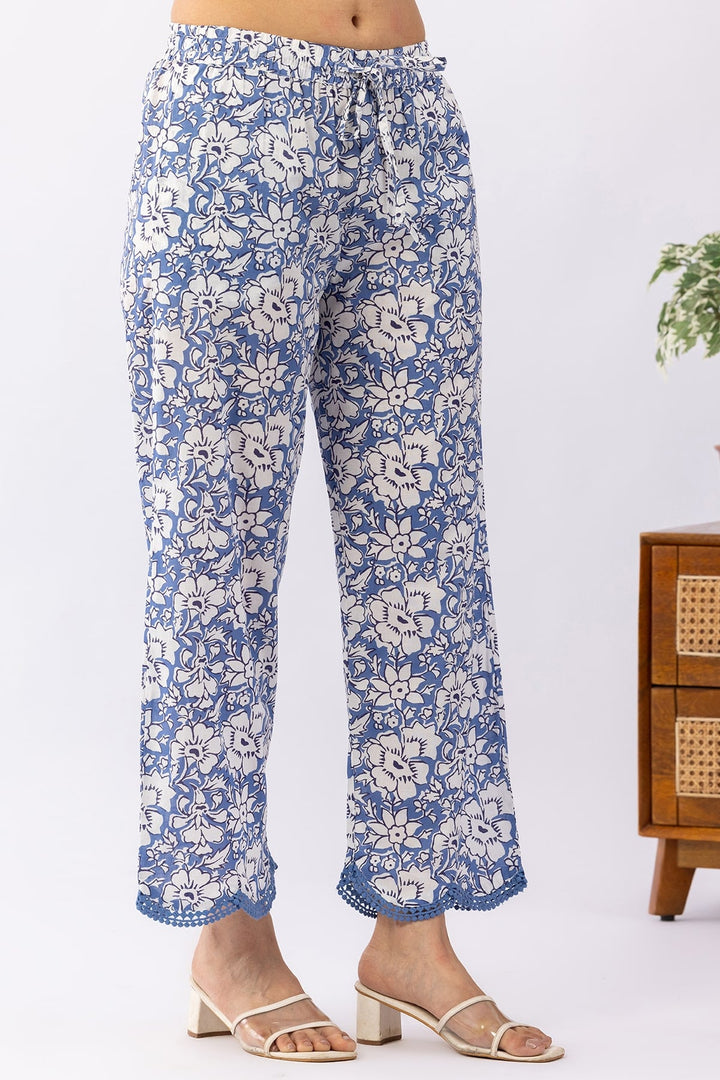 Printed Navy Blue Cotton Palazzo
