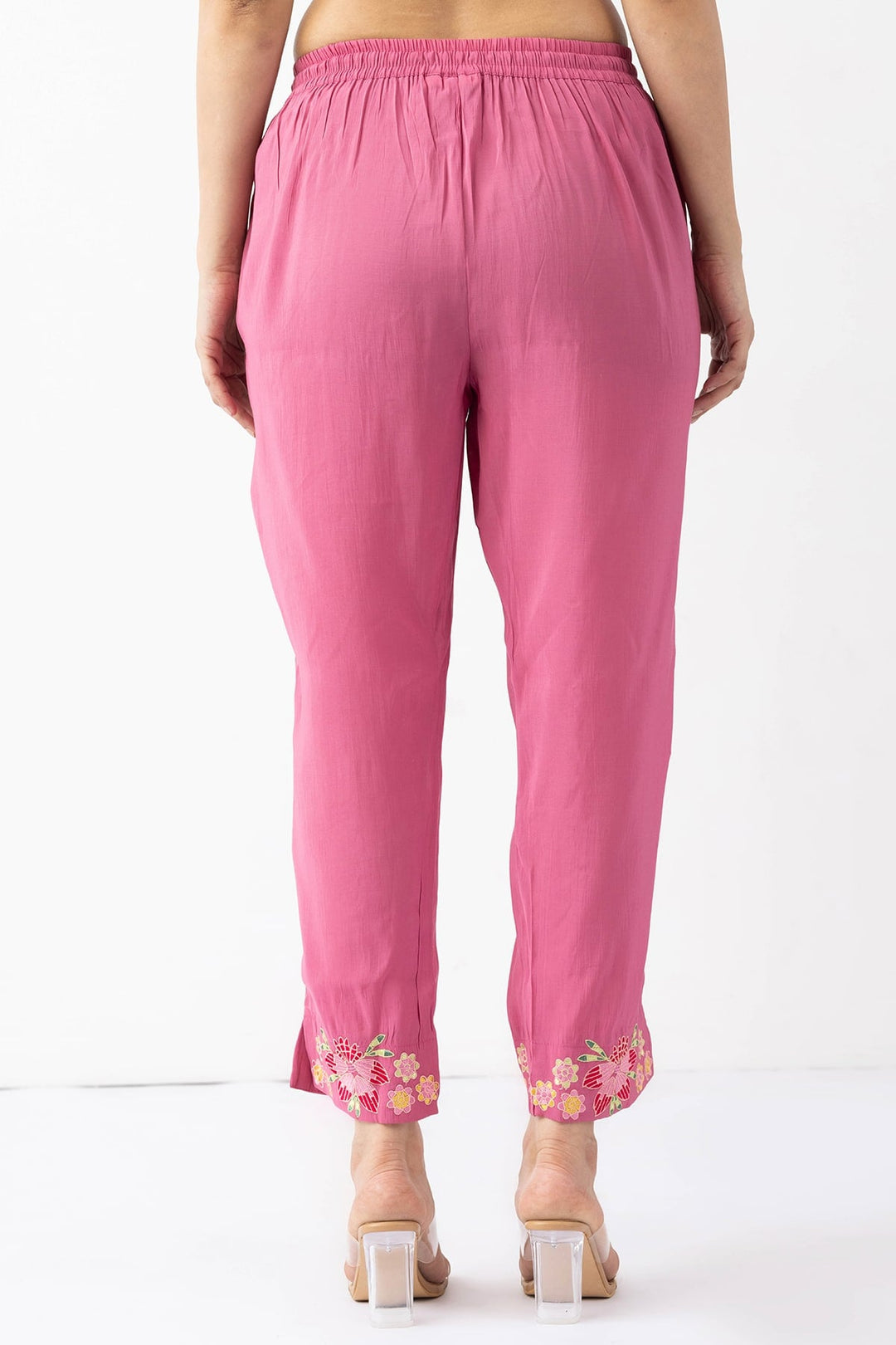 onion pink pants for women embroidered Chanderi viscose regular fit