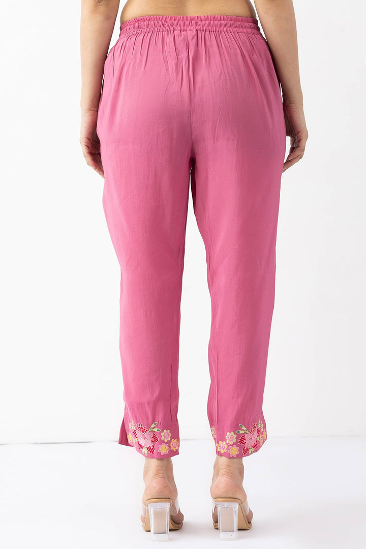 onion pink pants for women embroidered Chanderi viscose regular fit