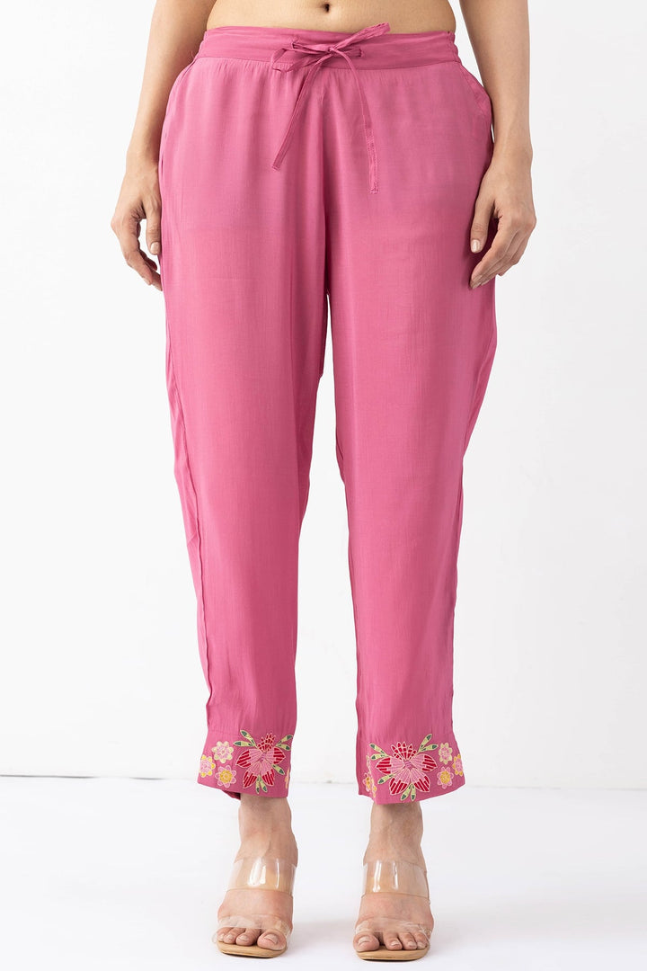 onion pink pants for women embroidered Chanderi viscose regular fit