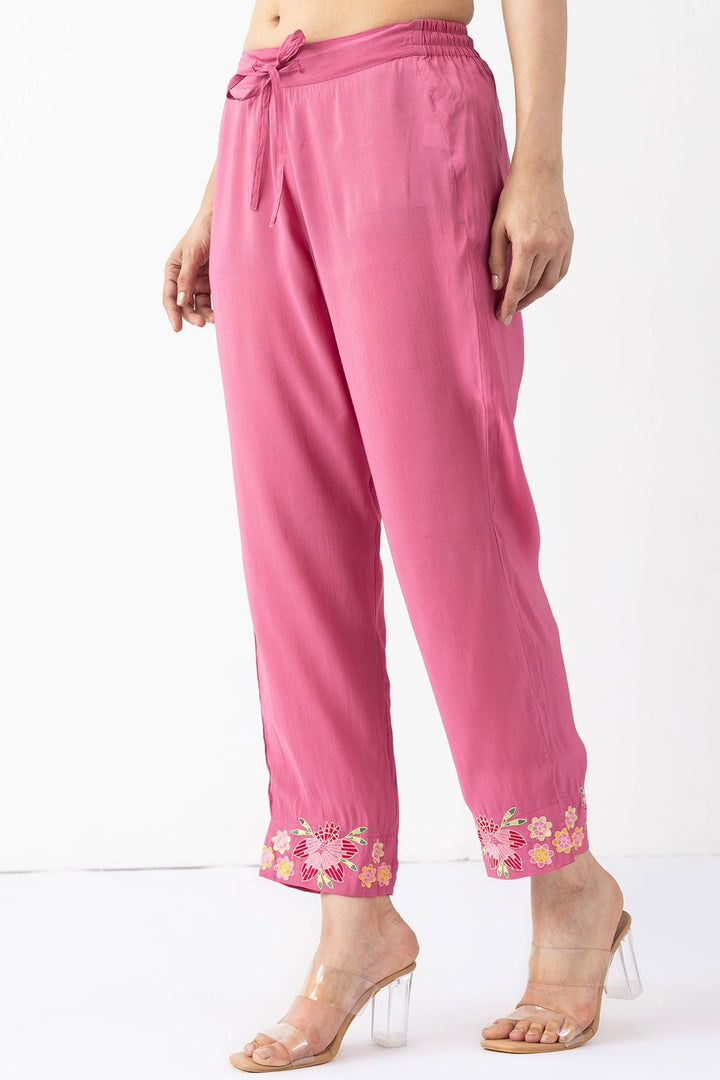 onion pink pants for women embroidered Chanderi viscose regular fit