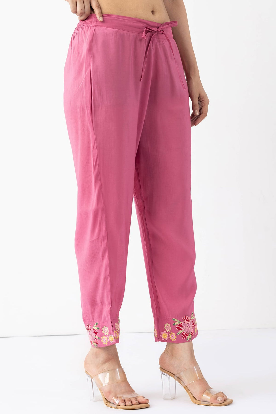 onion pink pants for women embroidered Chanderi viscose regular fit