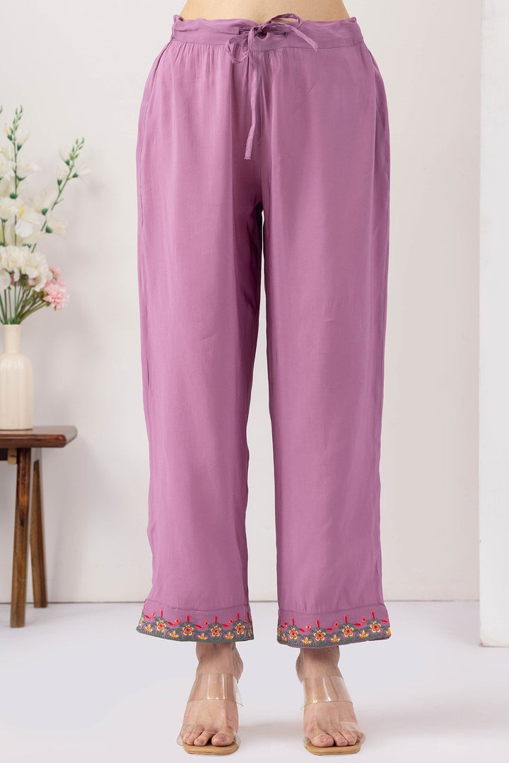 purple pants for women embroidered Chanderi viscose regular fit