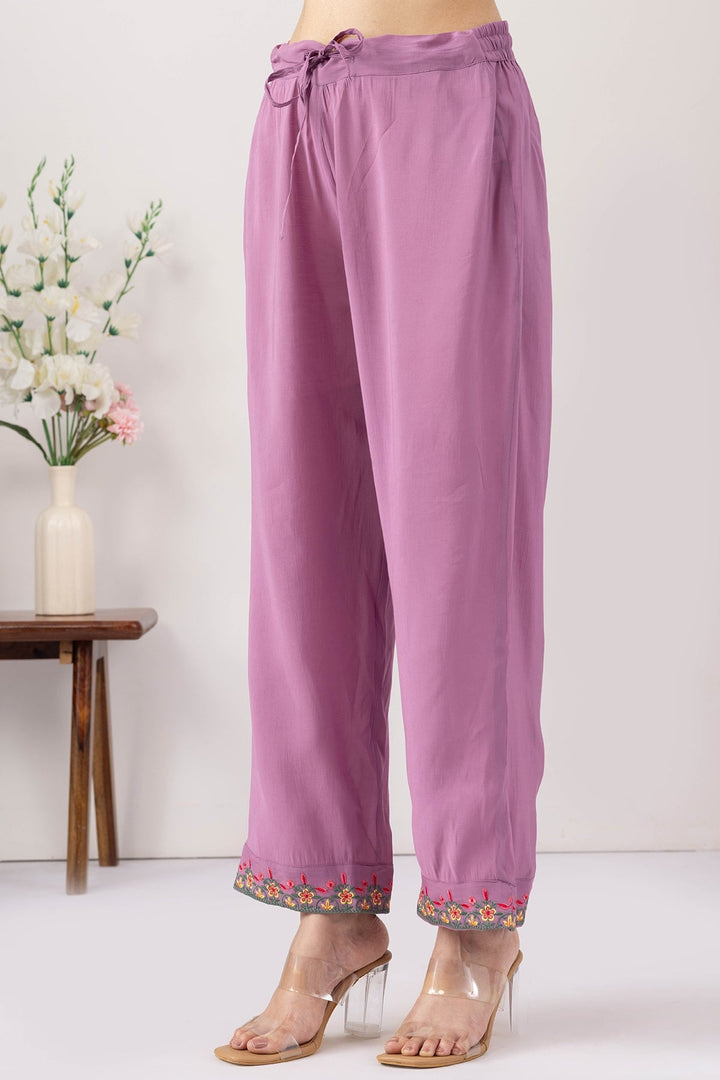 purple pants for women embroidered Chanderi viscose regular fit