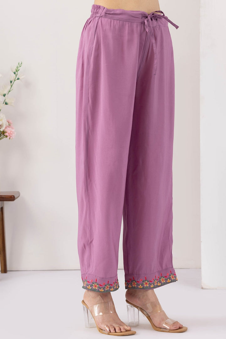purple pants for women embroidered Chanderi viscose regular fit