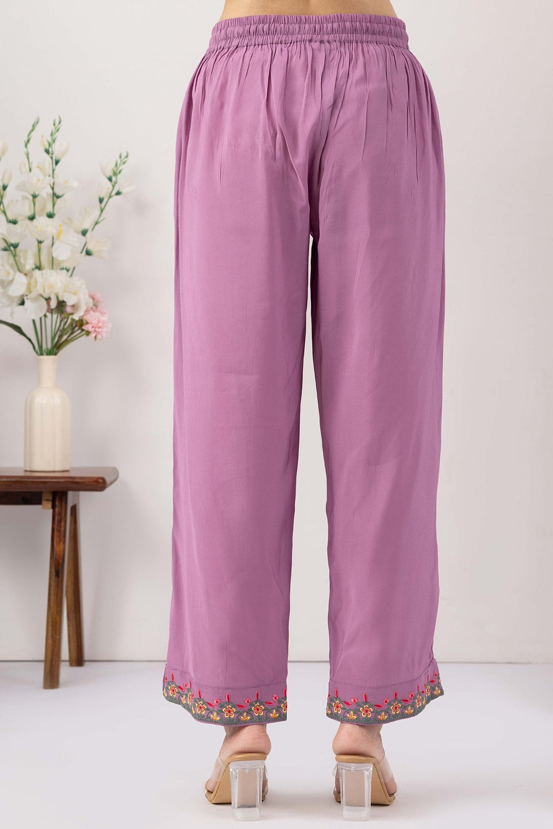 purple pants for women embroidered Chanderi viscose regular fit