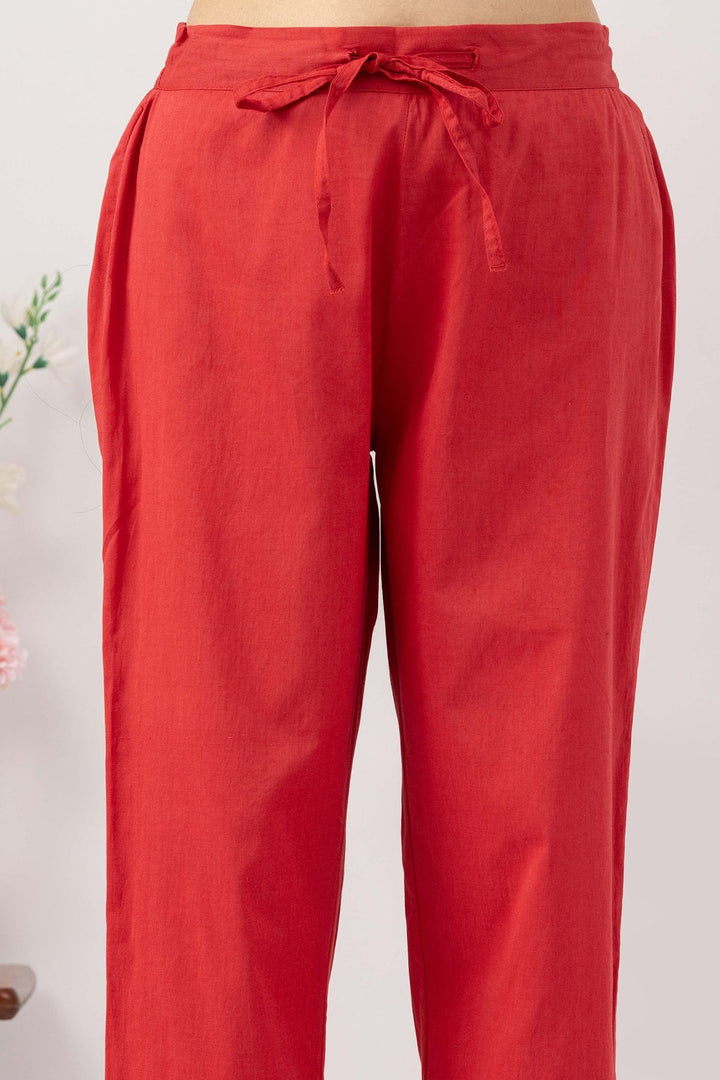 ethnic palazzo pants women salmon red embroidered cotton regular fit
