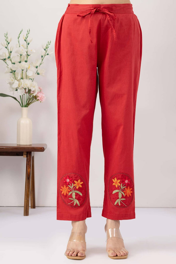 ethnic palazzo pants women salmon red embroidered cotton regular fit
