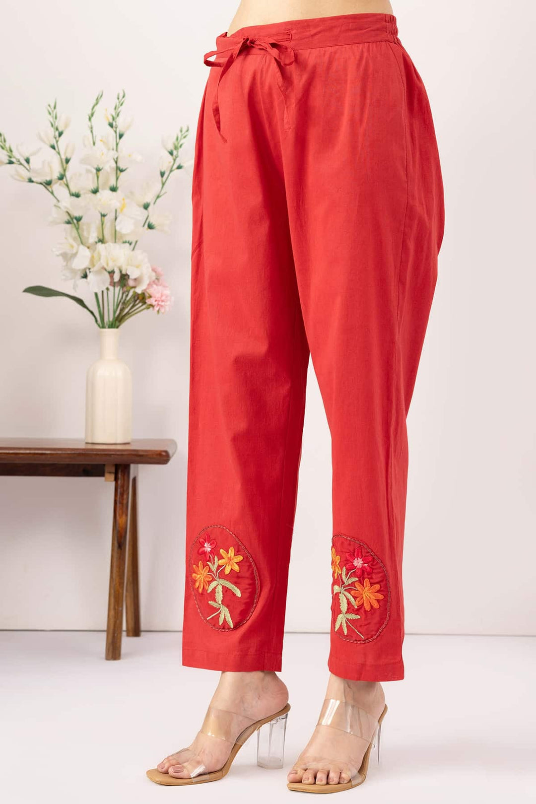 ethnic palazzo pants women salmon red embroidered cotton regular fit