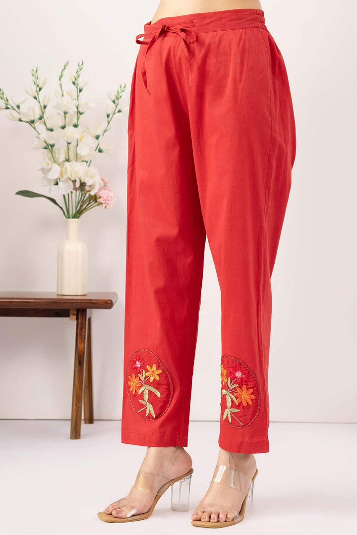ethnic palazzo pants women salmon red embroidered cotton regular fit