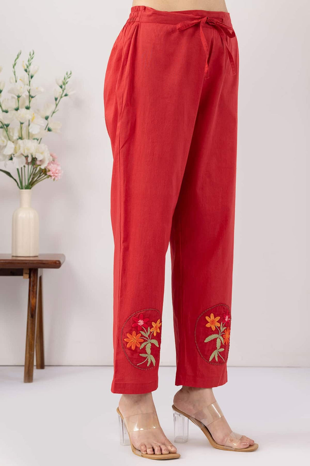 ethnic palazzo pants women salmon red embroidered cotton regular fit
