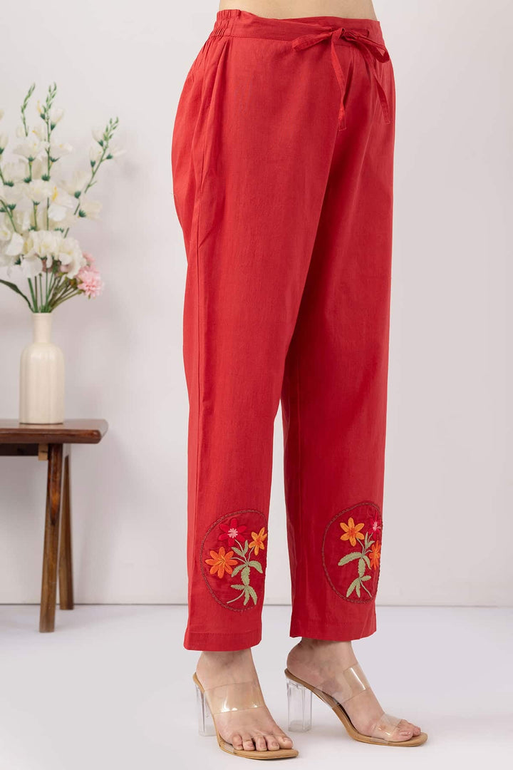 ethnic palazzo pants women salmon red embroidered cotton regular fit