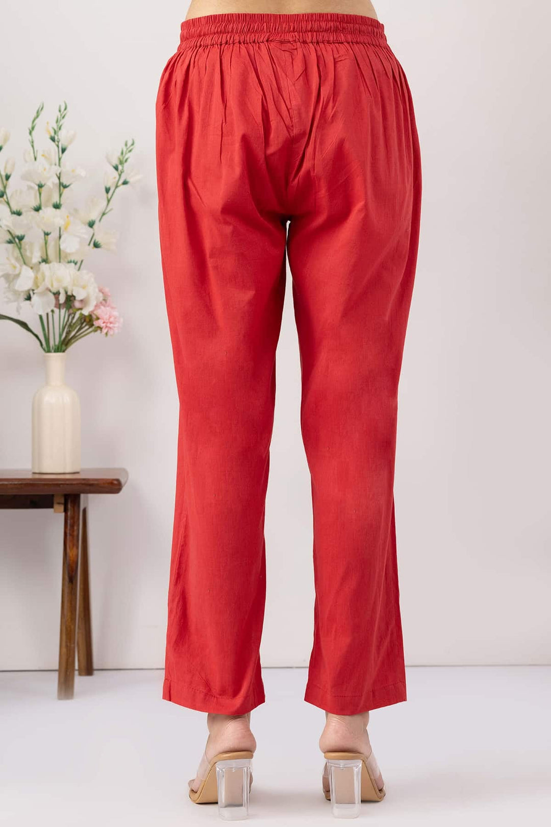 ethnic palazzo pants women salmon red embroidered cotton regular fit