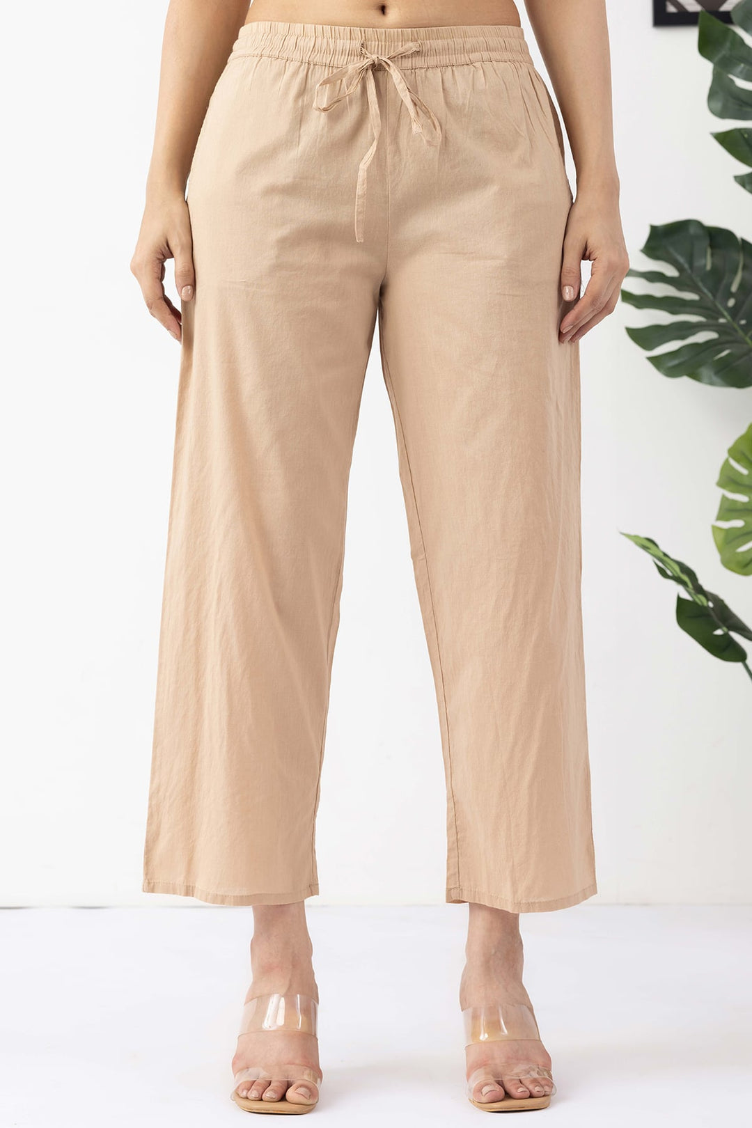 beige emboidered palazzo for women with regular fit