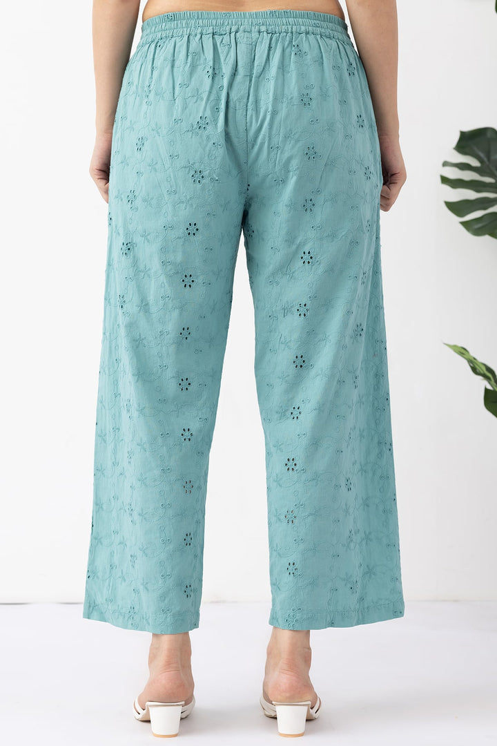 sage green palazzo pant cotton schiffli embroidered regular fit