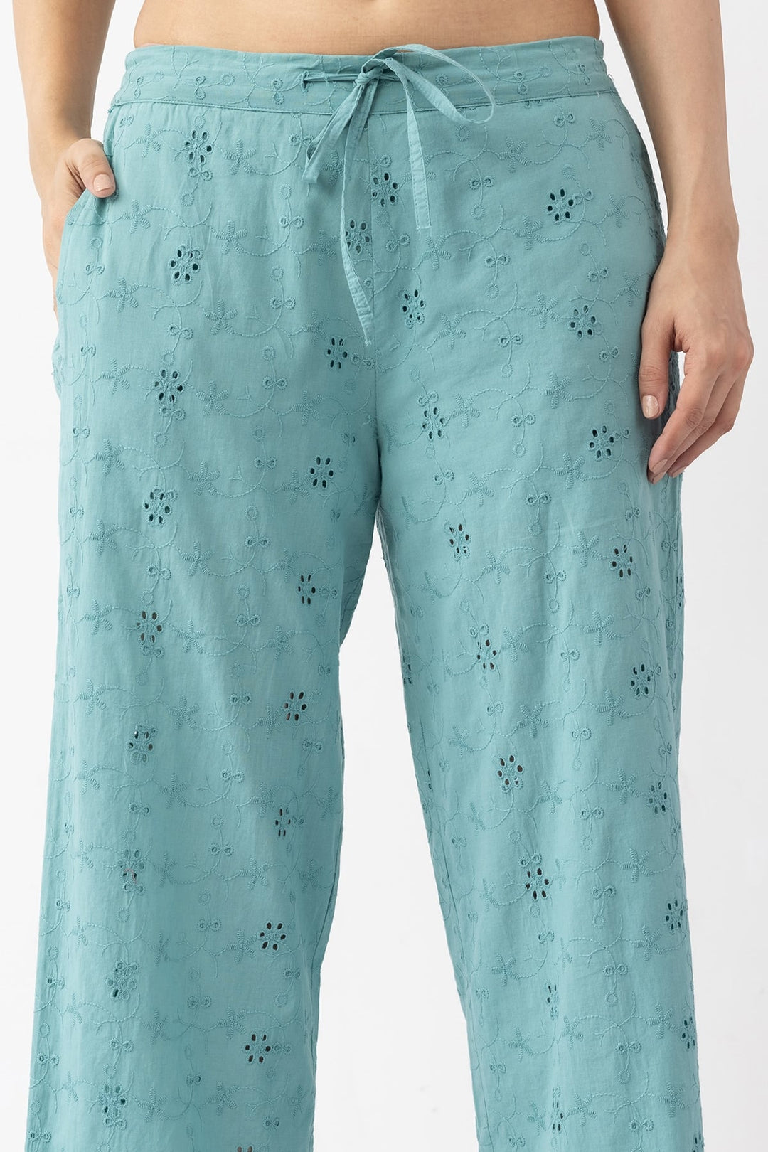 sage green palazzo pant cotton schiffli embroidered regular fit
