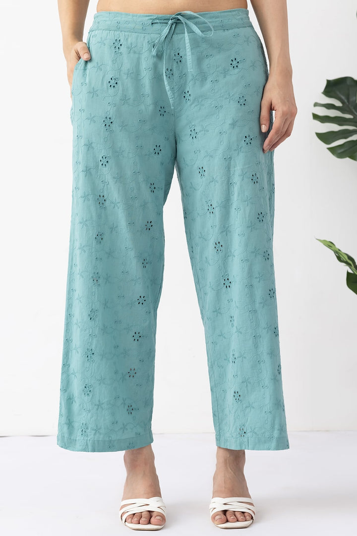 sage green palazzo pant cotton schiffli embroidered regular fit