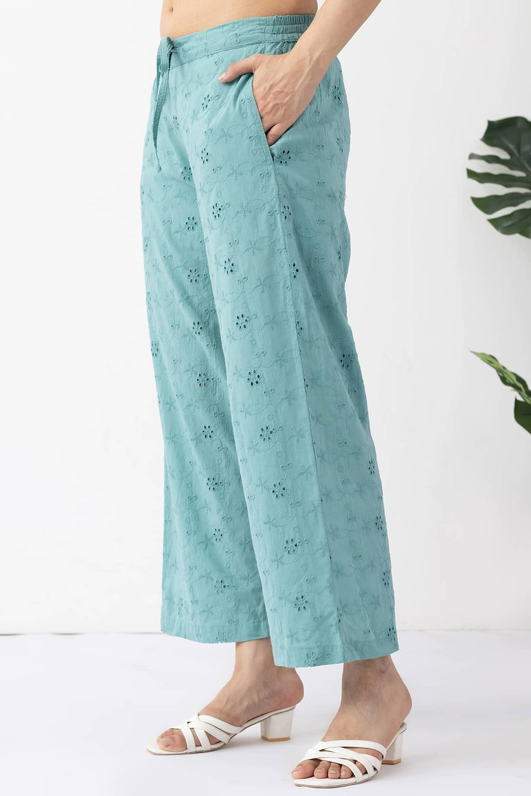 sage green palazzo pant cotton schiffli embroidered regular fit