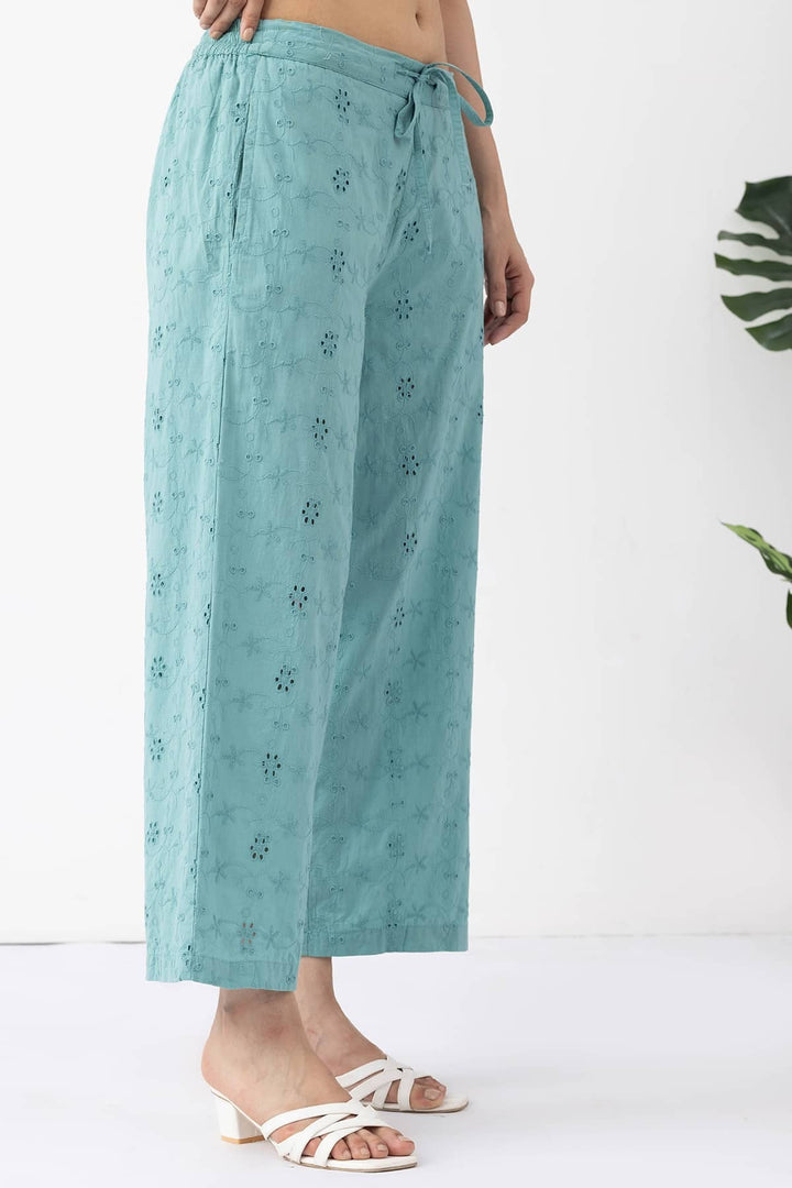 sage green palazzo pant cotton schiffli embroidered regular fit