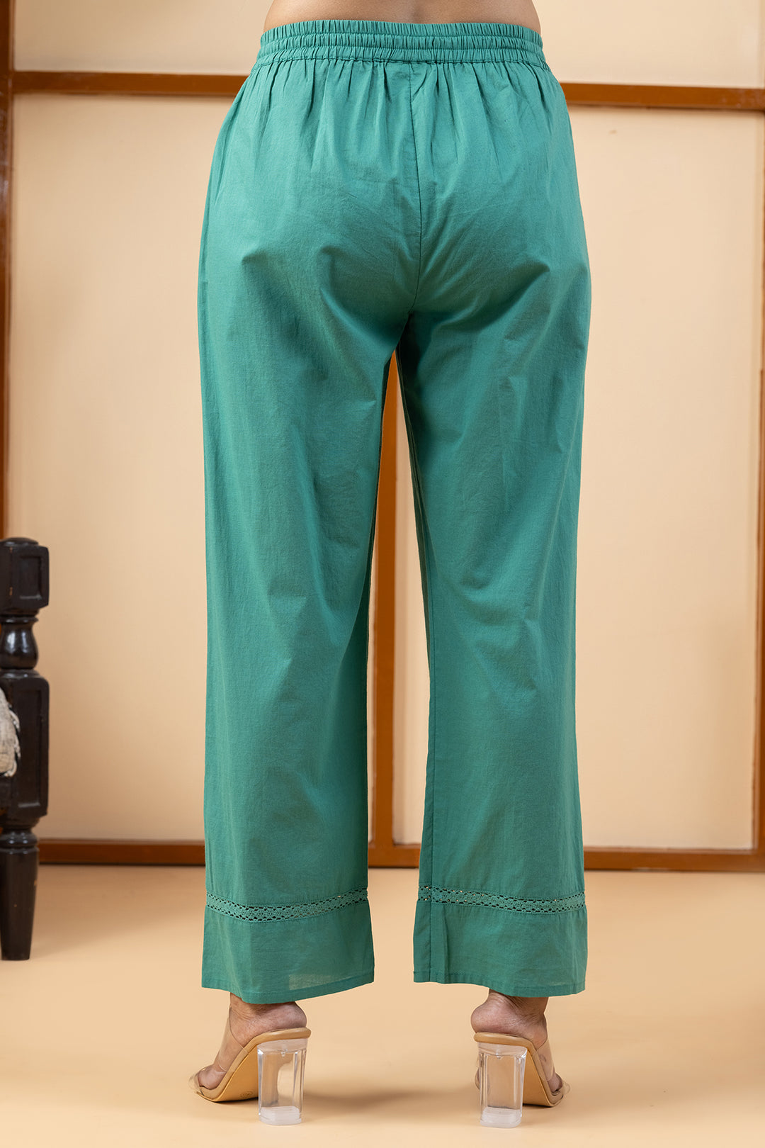 Green cotton regular fit pant for women – back view