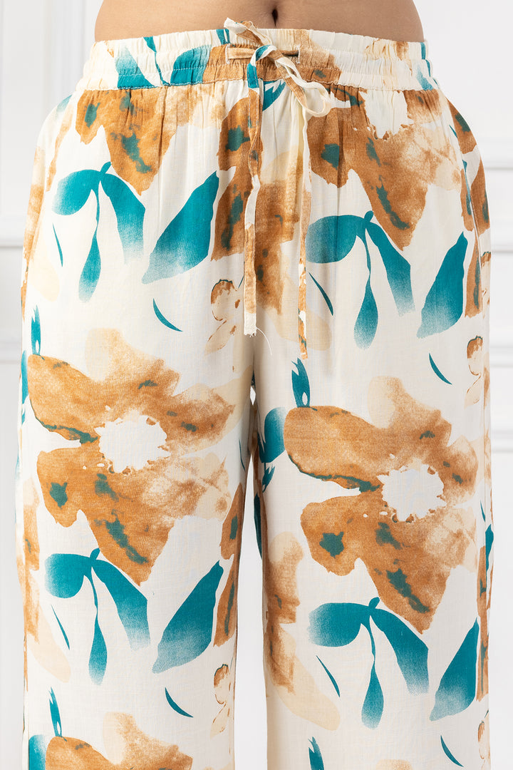 Beige Printed Rayon Slub Kurta Set