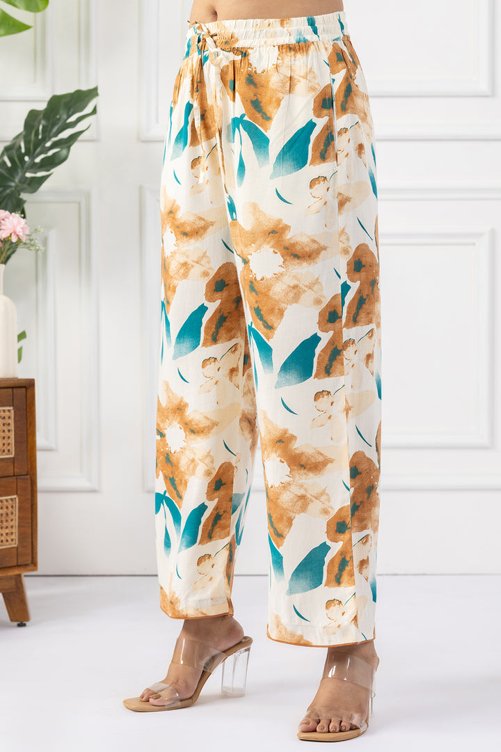 Beige Printed Rayon Slub Kurta Set