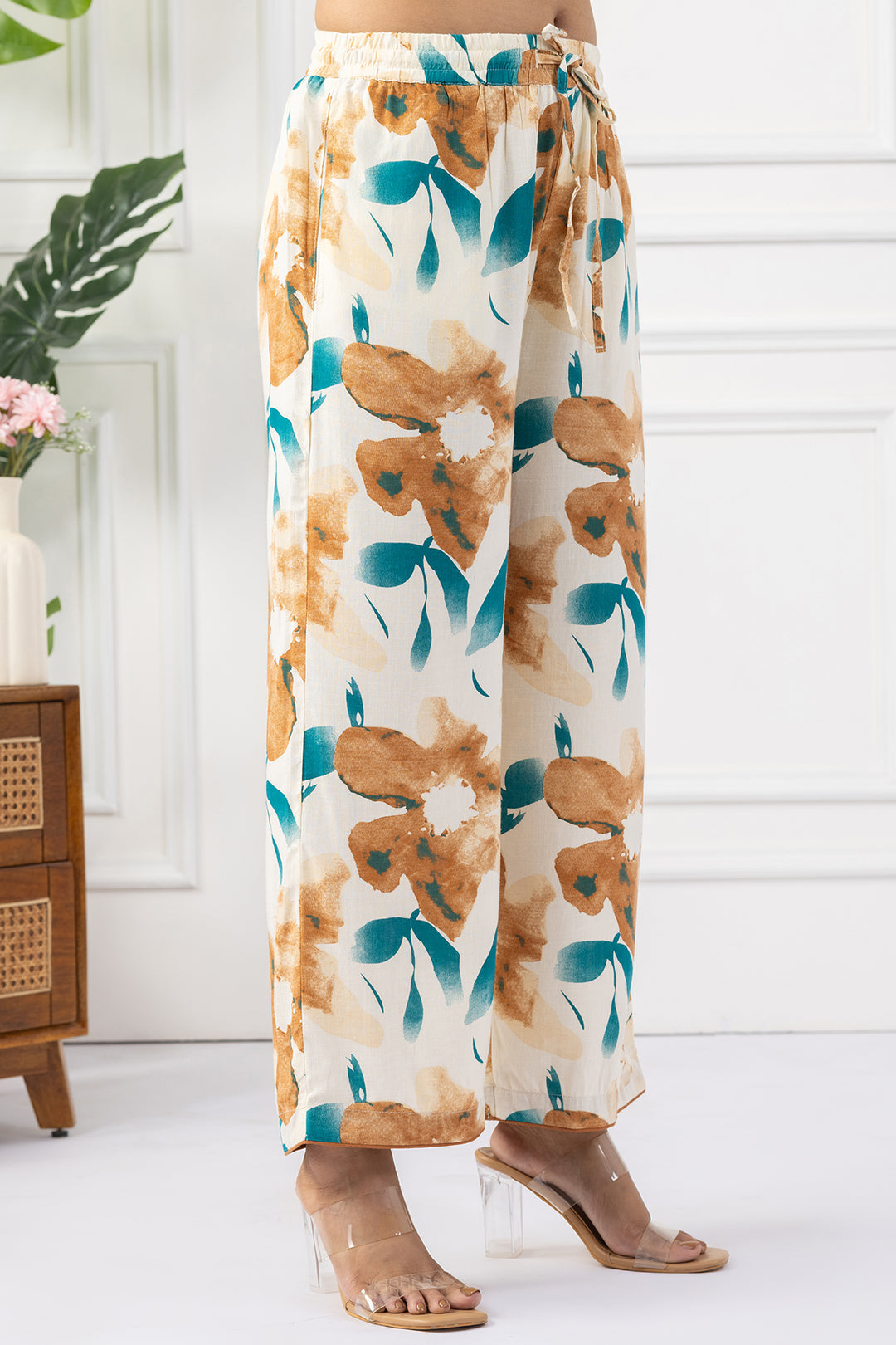 Beige Printed Rayon Slub Kurta Set